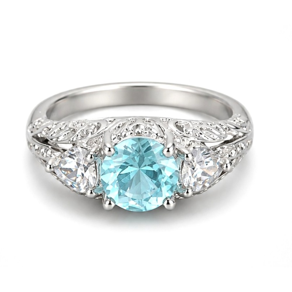 Aqua Blue Glass Faceted Rhinestone Sterling Silver Ring 925 size 9 R-TN46